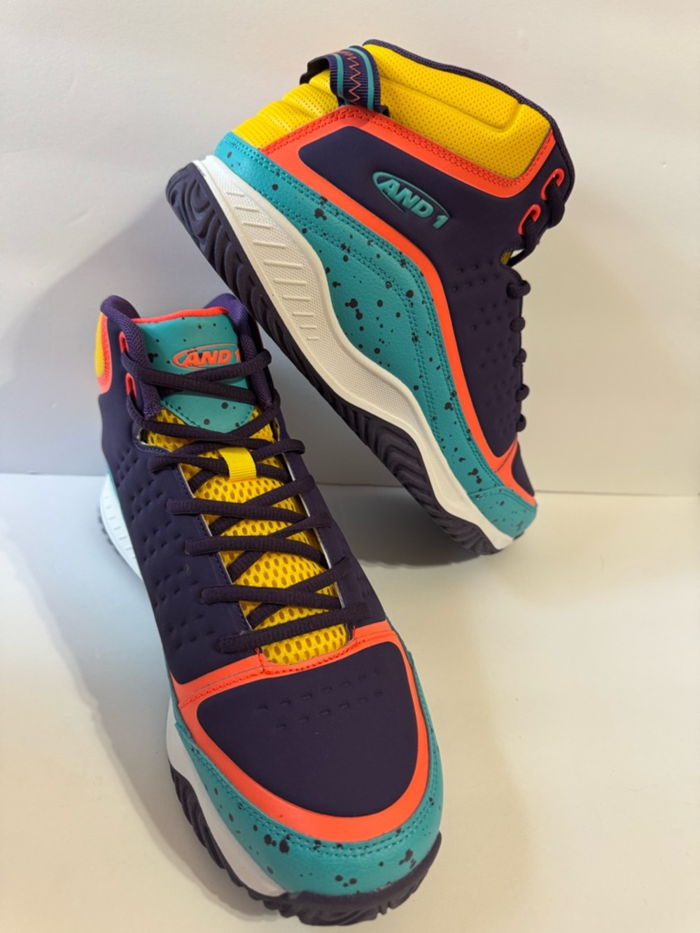 AND1 High-Top Sneakers in Navy, Teal & Yellow with Coral Accents